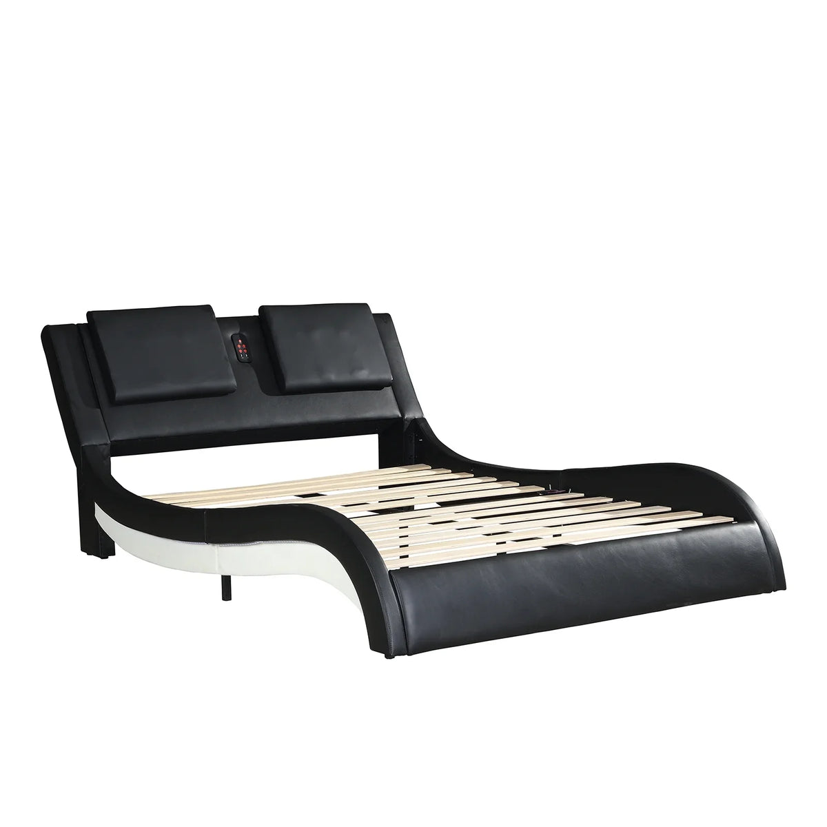 OYang King Size Platform Bed Frame wth LED Light And USB Charging Ports Headboard, Wave-Like Curve Backrest Vibration Massage Upholstered Faux Leather Bed for Home