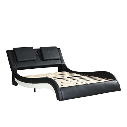 OYang King Size Platform Bed Frame wth LED Light And USB Charging Ports Headboard, Wave-Like Curve Backrest Vibration Massage Upholstered Faux Leather Bed for Home