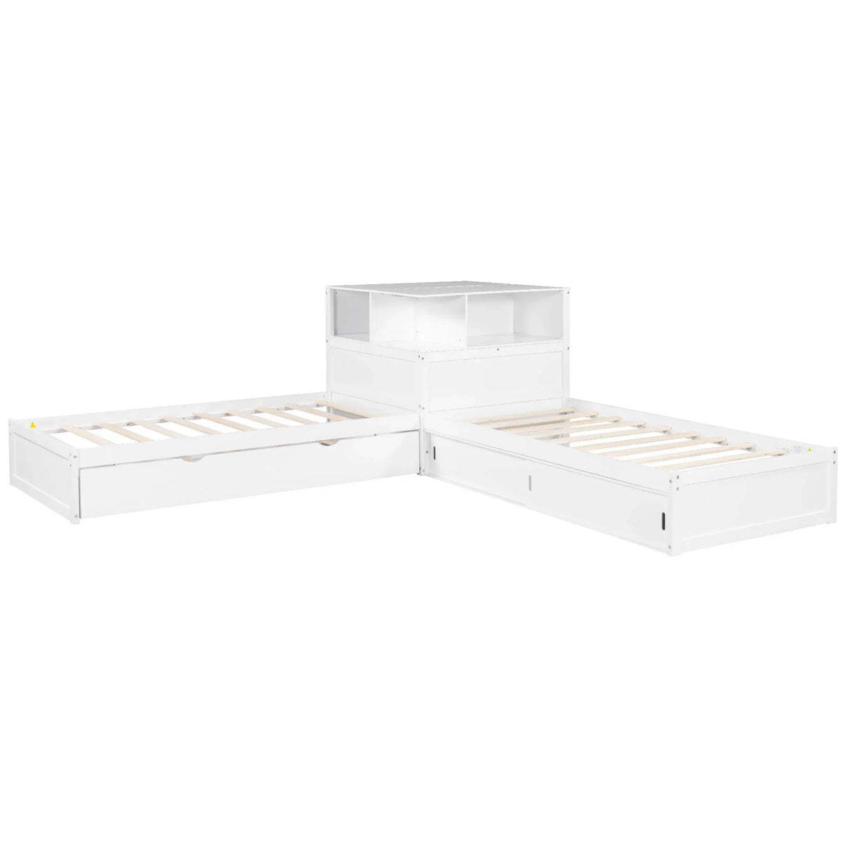 Euroco Pine Wood L-Shaped Twin Platform Bed with Storage Desk, Cabinets, Trundle and LED Light for Kids Teens, Gray