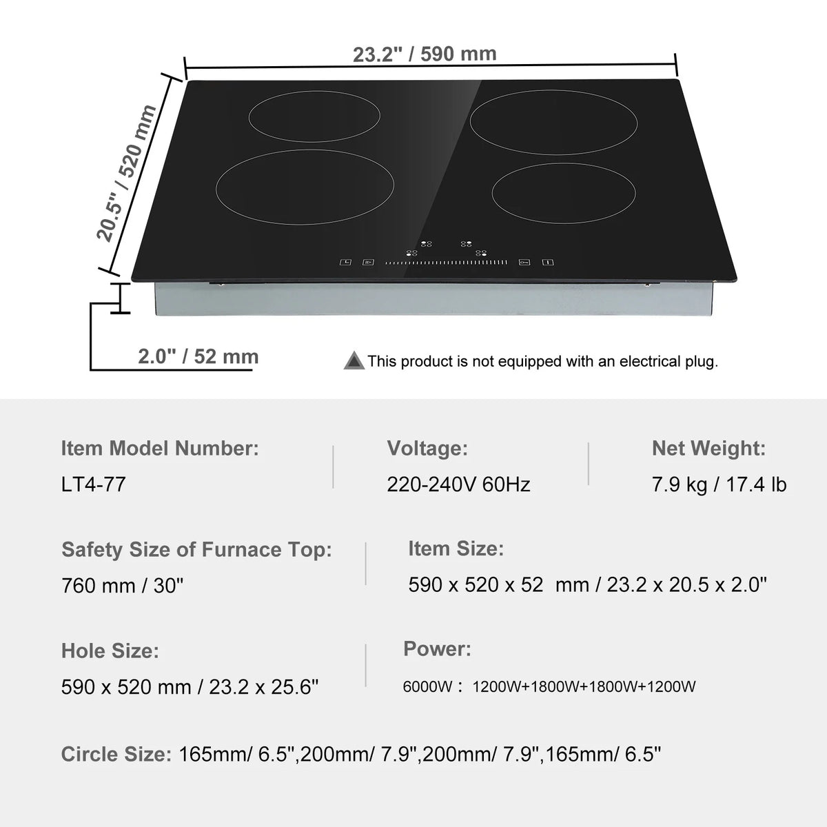 KFFKFF Sleek Electric Stove Top, 24" 4 Burners 240V 6000W Electric Cooktop Ceramic Top with Touch Control, Timer & Child Lock, 9 Heat Levels for Diverse Cooking Requirements(NO Plug)