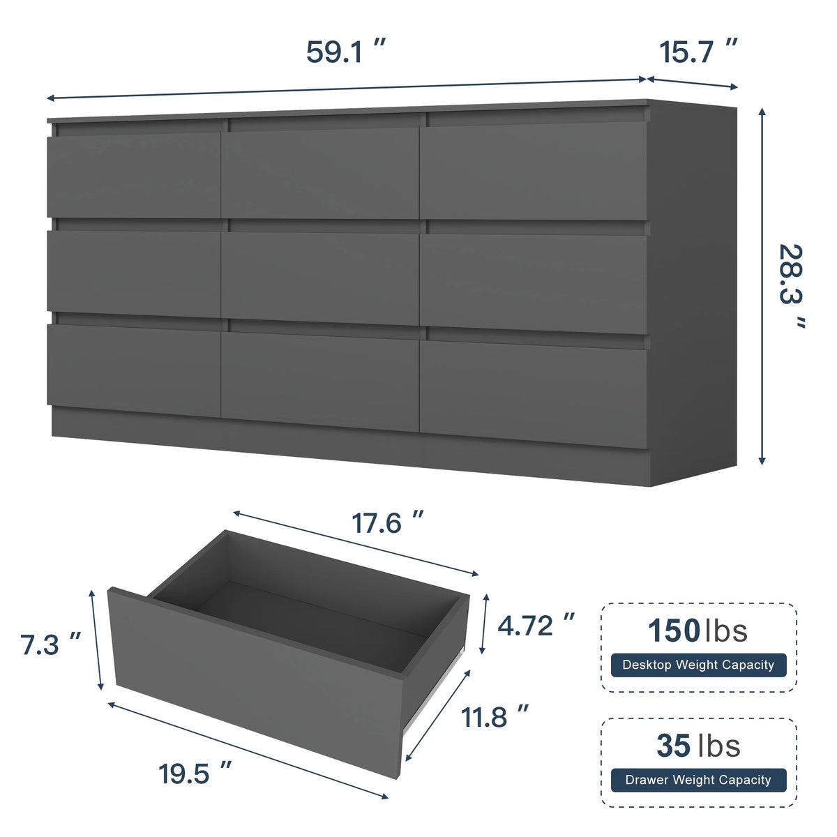 Resenkos Modern Mid Century 6 Drawer Wide Dressers Chests for Bedroom, Chest of Drawer Organizer Grey