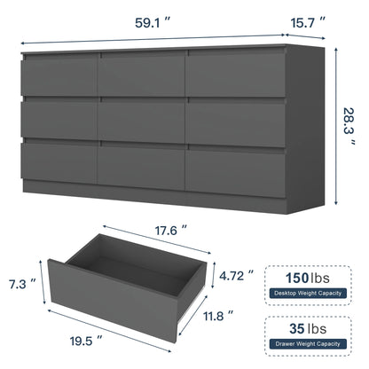 Resenkos Modern Mid Century 6 Drawer Wide Dressers Chests for Bedroom, Chest of Drawer Organizer Grey