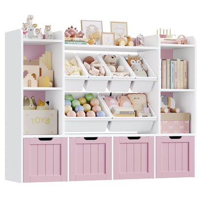 Hiphuta 3 Tier Kids Bookcase with Toy Storage Organizer, Wood Toy Organizer of 6 Boxes & 4 Removable Drawers, White