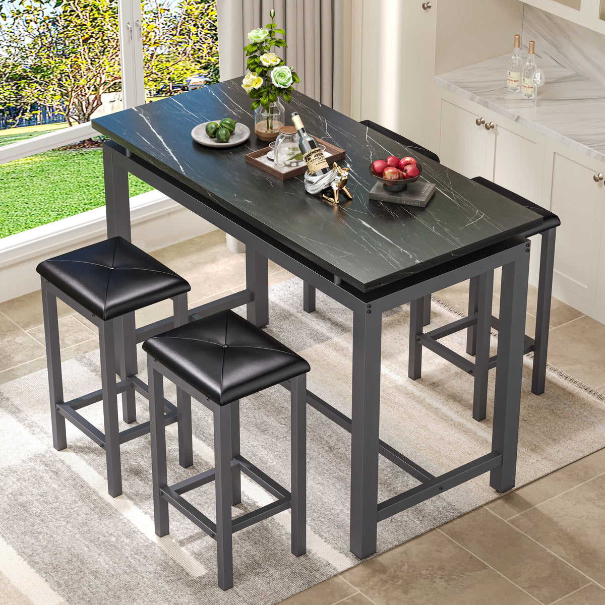 Counter Height Table Set of 5, Breakfast Bar Table and Stool Set, Minimalist Dining Table with Backless Stools, Wood Top Pub Table & Chair Set for Kitchen Apartment Bistro - Space Saving