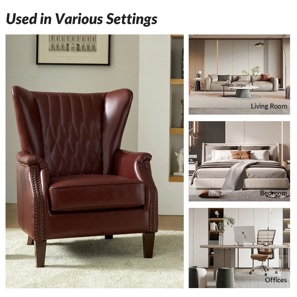 Traditional Genuine Leather Accent Chair with Nailhead Trim Tufted Armchair for Living Room Camel