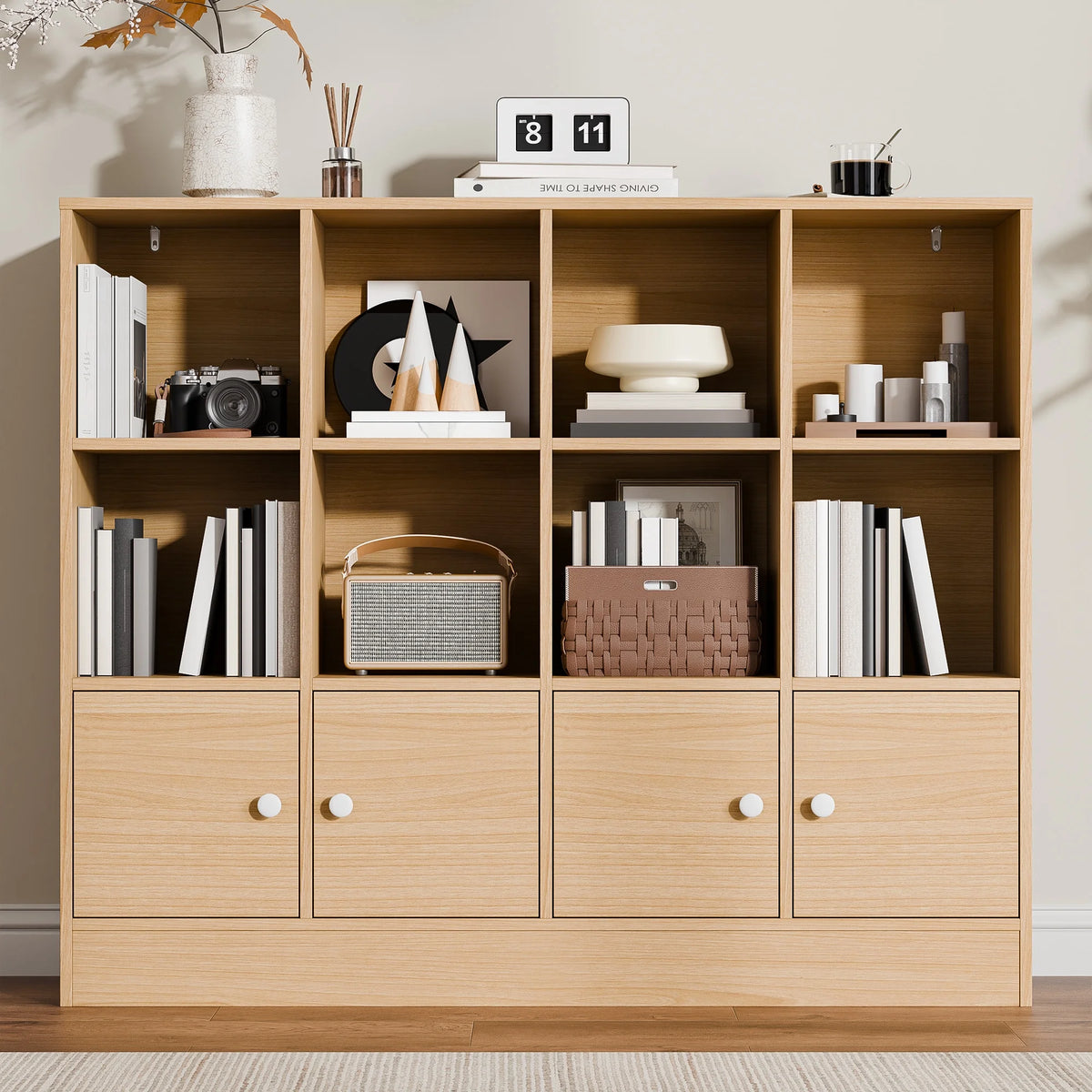 Cozy Castle 3-Tier Open Cube Bookcase with 12 Cubes and 4 Doors, Adjustable Shelves, White