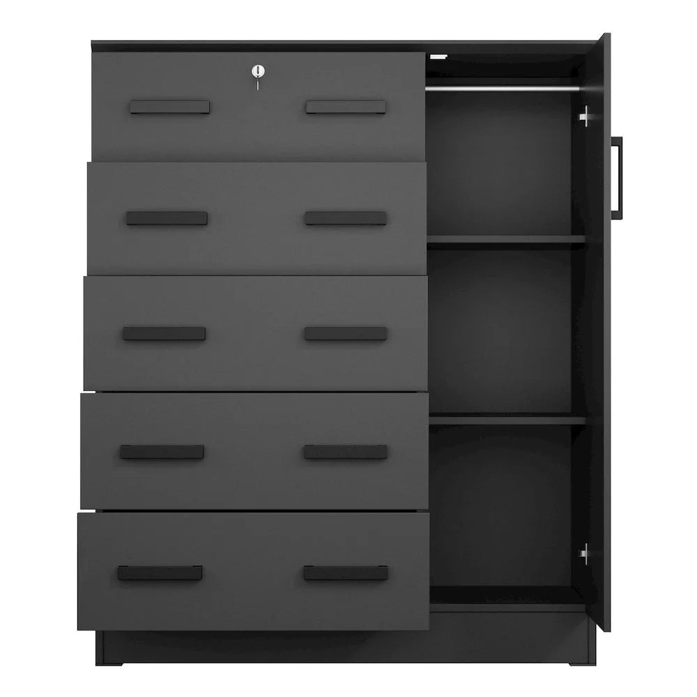 Better Home Products JCF Sofie 5 Drawer Wooden Tall Chest Wardrobe in Mahogany