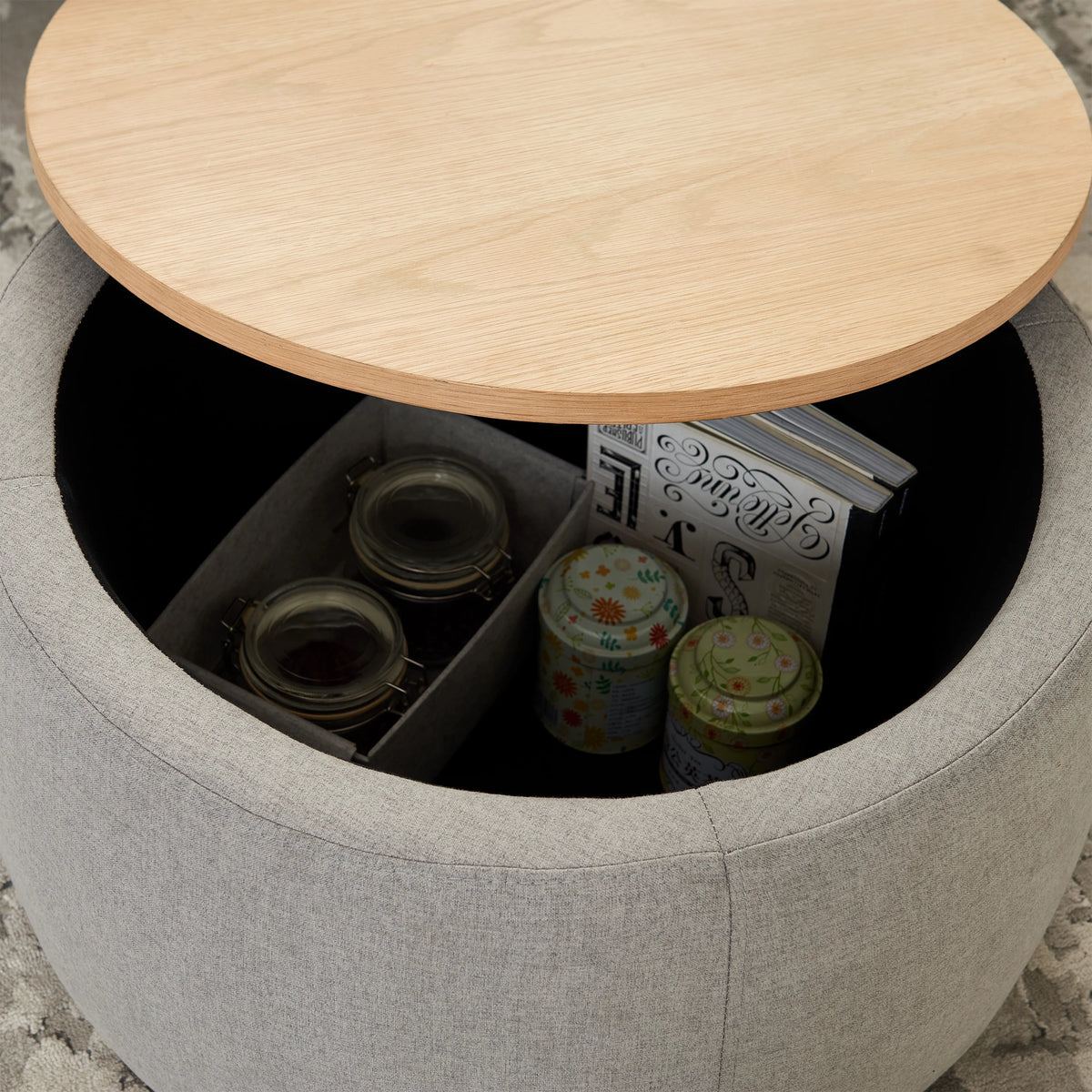 BTMWAYRound Coffee Table, 2 in 1 Round Storage Ottoman with Reversible Lid Tray, Upholstered Round Storage Ottoman Coffee Table with Storage, Footstool End Table for Living Room, Bedroom, Light Gray