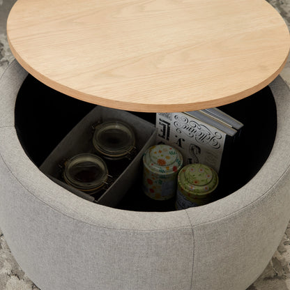 BTMWAYRound Coffee Table, 2 in 1 Round Storage Ottoman with Reversible Lid Tray, Upholstered Round Storage Ottoman Coffee Table with Storage, Footstool End Table for Living Room, Bedroom, Light Gray