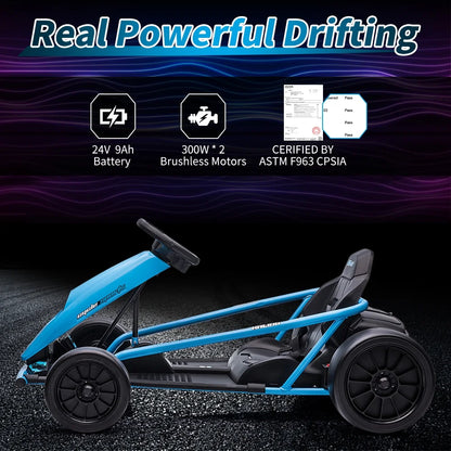 Simzone Go Kart for Kids 24V Battery 300WX2 Motors Pedal On Foot Go Cart 8MPH High Speed Drifting Car with Slow Start Function Music Elastic Durable Tires, Blue