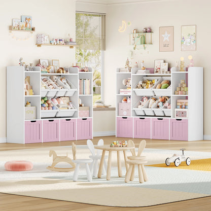 Hiphuta 3 Tier Kids Bookcase with Toy Storage Organizer, Wood Toy Organizer of 6 Boxes & 4 Removable Drawers, White