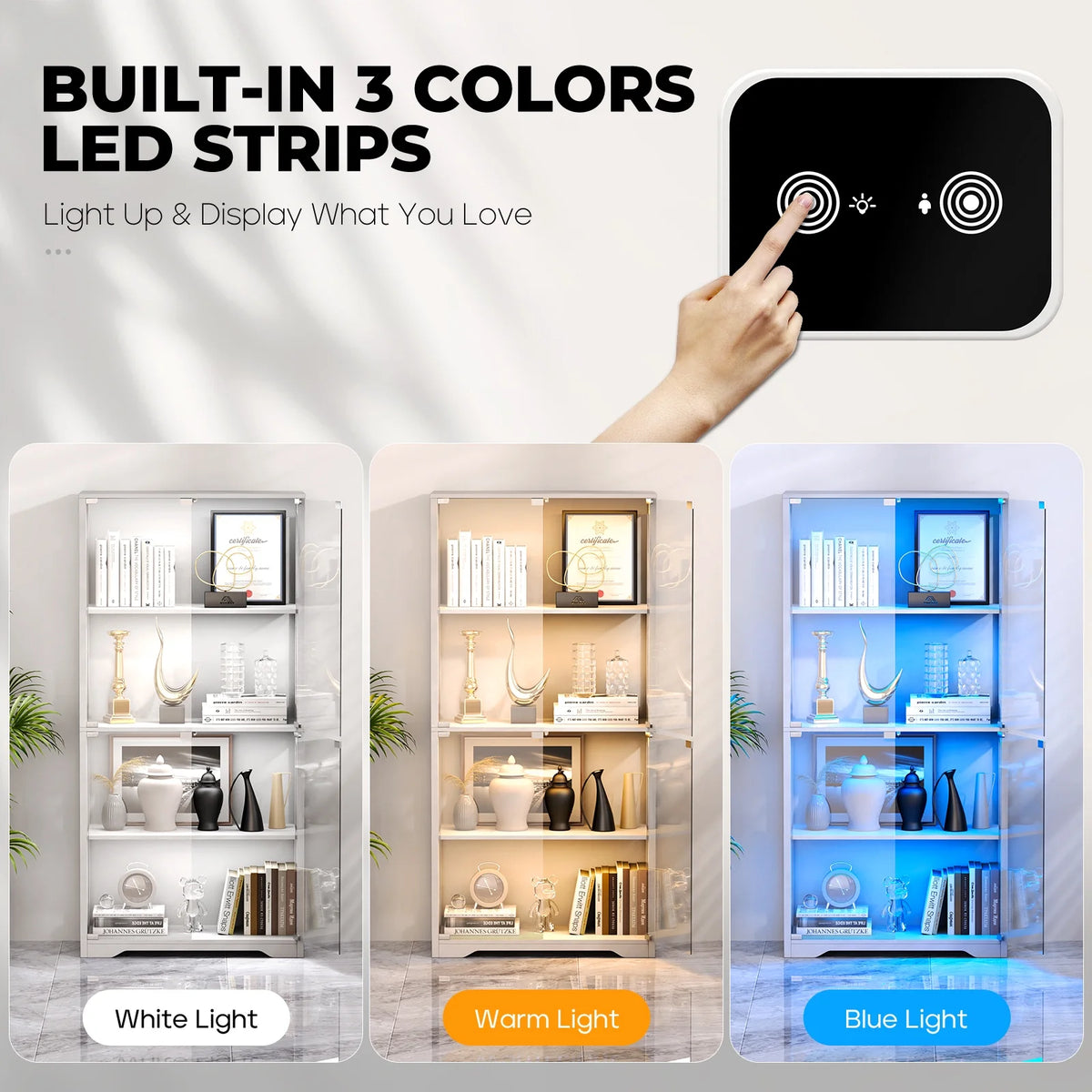 MIIFUNY Display Cabinet with Glass Doors 4 Tier Curio Cabinet & Bookshelf with LED, White