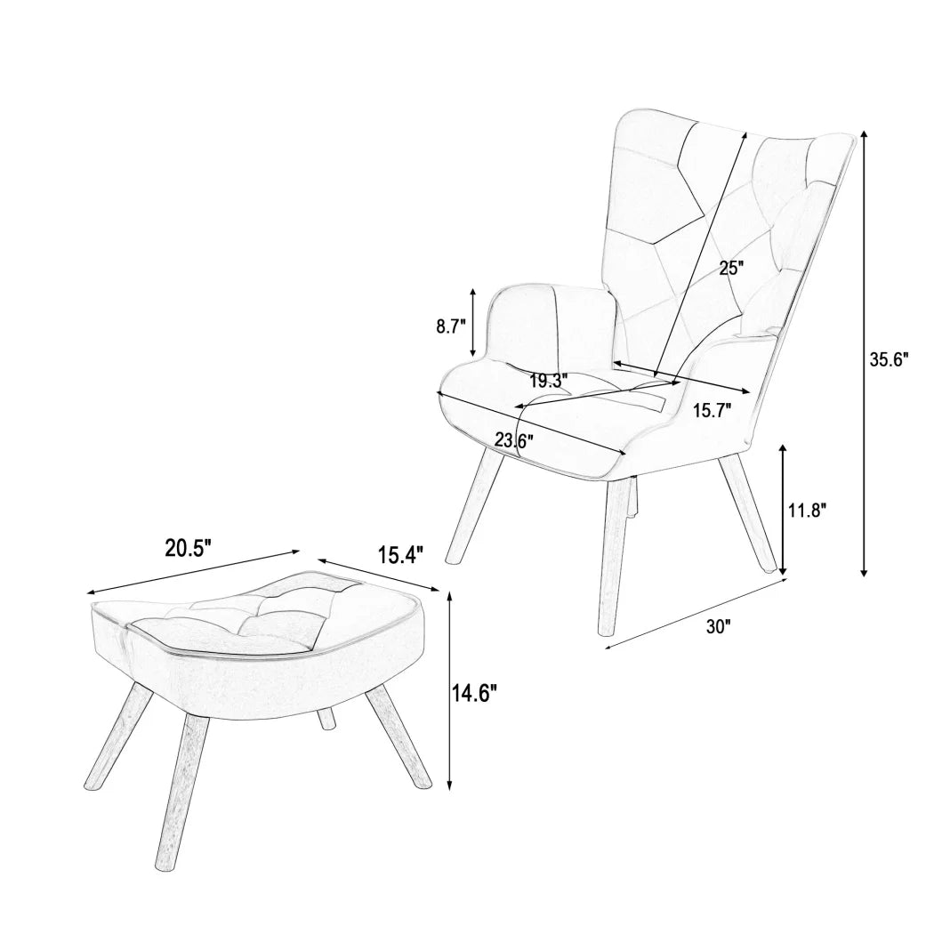 Modern Accent Chair with Solid Wood Legs and High Wing Backrest, Side Chair Set with Ottoman, Comfy Side Armchair for Living Room, Reading Room, Bedroom, Colorful Patchwork