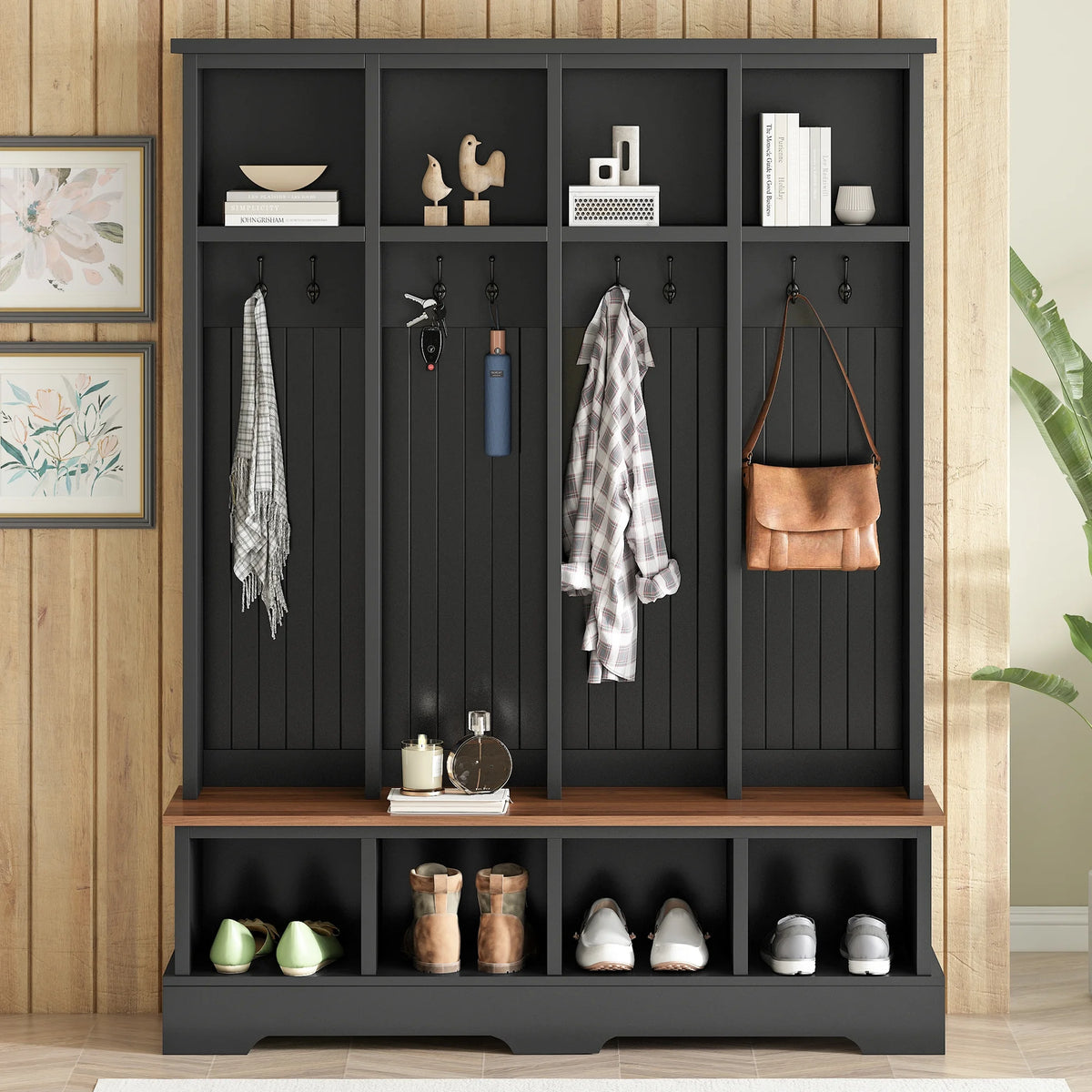 Euroco Farmhouse 59"W Wide Hall Tree with 8 Hooks, Practical Entryway Bench with Open Compartments, 76.7"H Modern 3-in-1 Wooden Style Coat and Shoe Rack for Mudroom, Living Room, Green