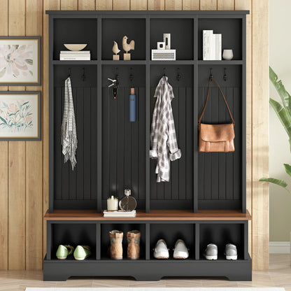 Euroco Farmhouse 59"W Wide Hall Tree with 8 Hooks, Practical Entryway Bench with Open Compartments, 76.7"H Modern 3-in-1 Wooden Style Coat and Shoe Rack for Mudroom, Living Room, Green