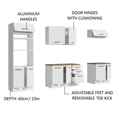 Madesa Full Set Hazel Kitchen Storage Cabinet 107 Inch Wooden Organization Unit with Multiple Compartments Engineered Wood Slab Doors Painted Finish Floor Mount Removable Plinth - White/Brown