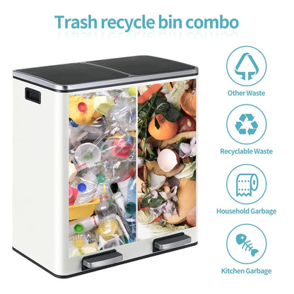 LAZY BUDDY Dual Garbage Can, Stainless Steel 16 Gallon Step Kitchen Trash Can with Soft-Close Lid, Double Compartment Garbage Recycling Bin