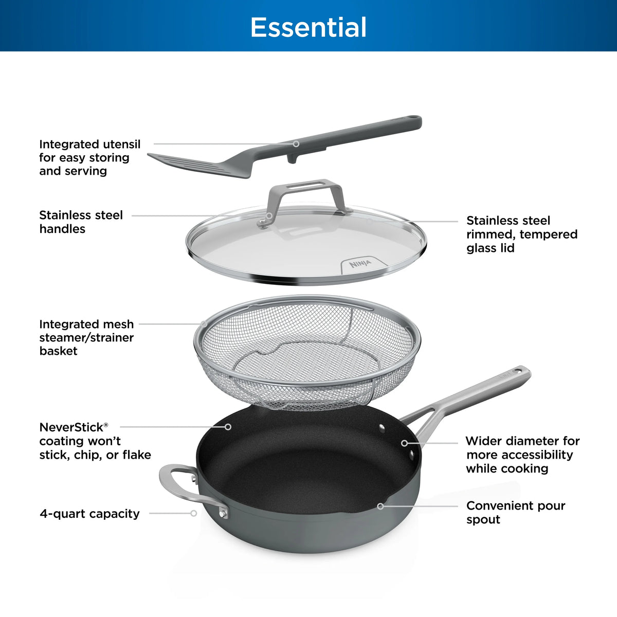 Ninja Foodi Never Stick Possible Pan, Non Stick, Fry Pan, Sea Salt Grey