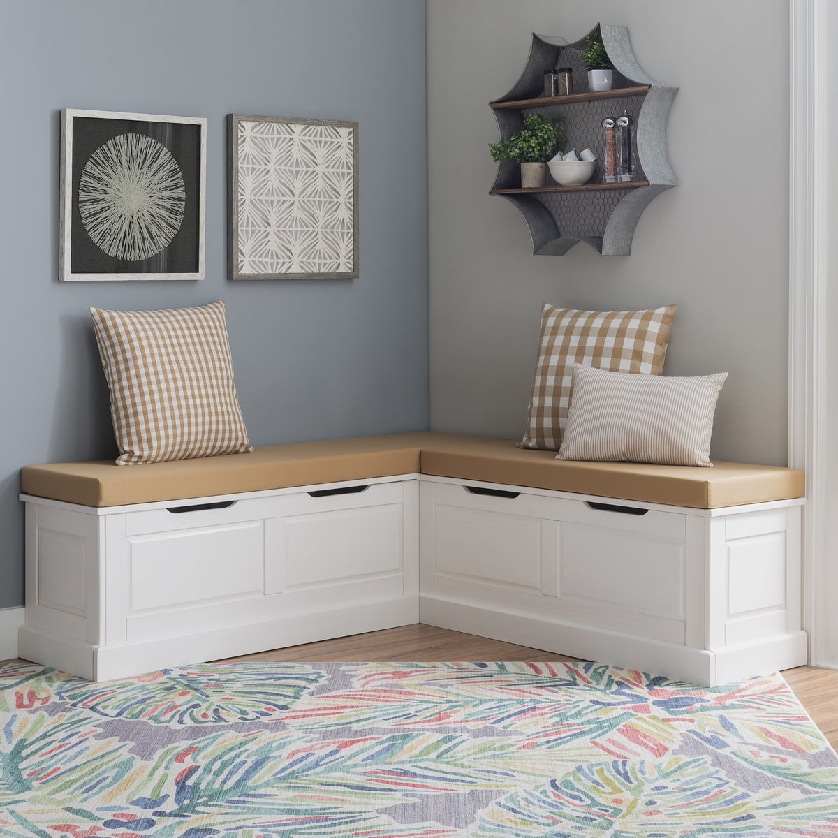 Linon Romero Backless Corner Nook with Storage, 5-Piece Cushion Set, Natural/White/Beige