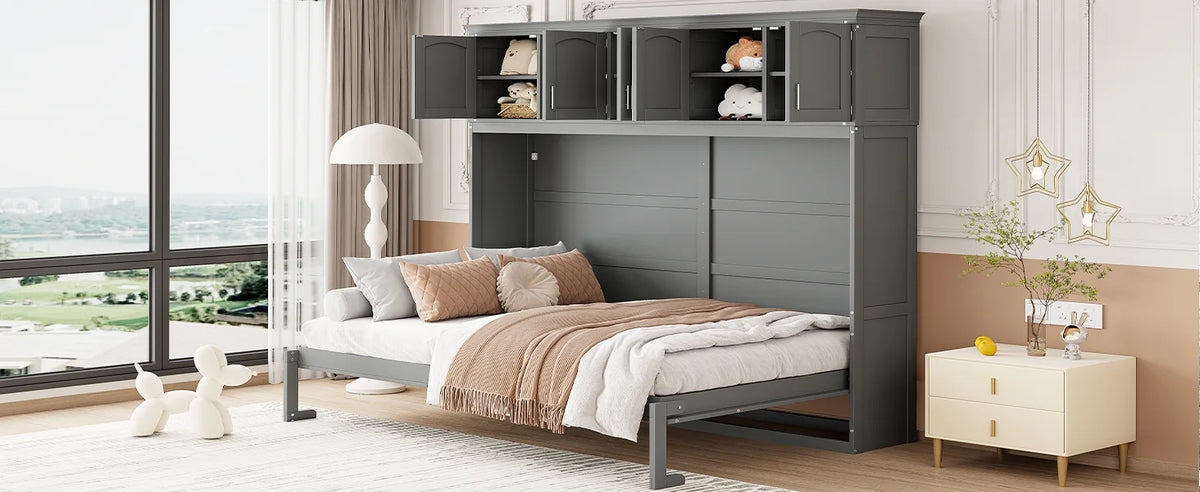 Newest Queen Size Murphy Bed Wall Bed with Top Cabinets,Gray