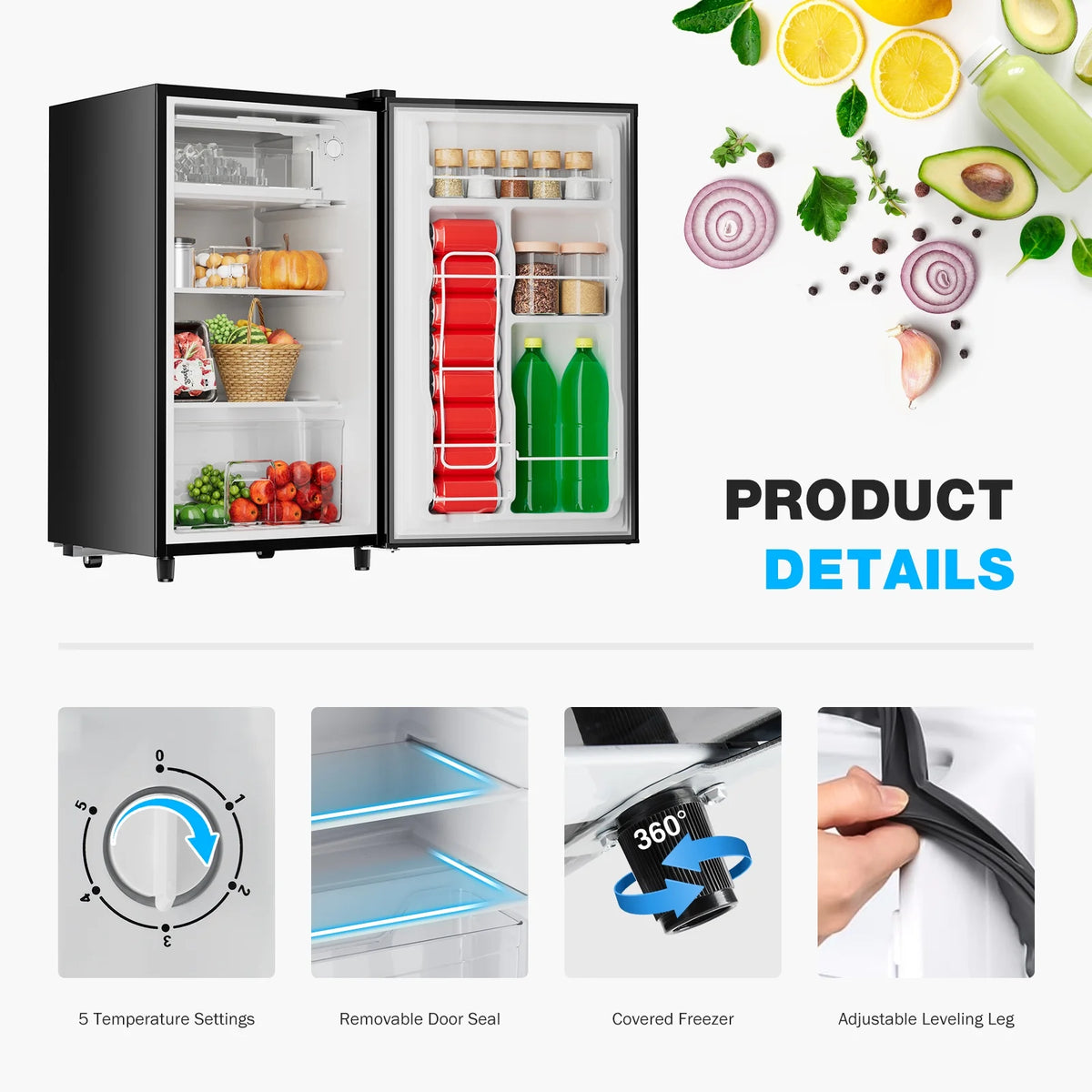 CONCETTA Mini Fridge With Freezer 3.2 Cu.Ft Single Door Adjustable Thermostat, Low Noise, For Bedroom, Office, Dorm, Black