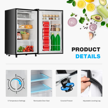 CONCETTA Mini Fridge With Freezer 3.2 Cu.Ft Single Door Adjustable Thermostat, Low Noise, For Bedroom, Office, Dorm, Black