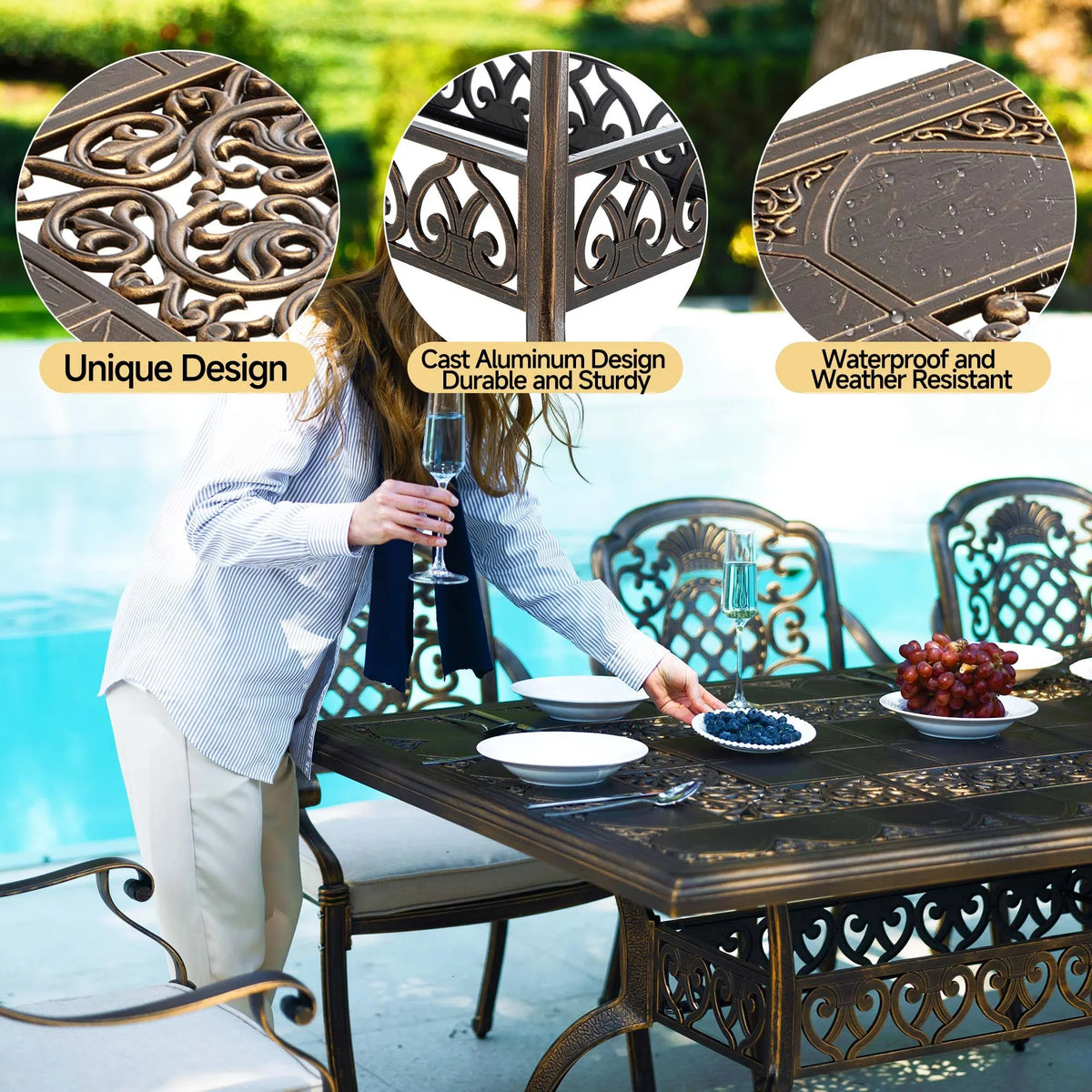 7-Piece Patio Furniture Dining Set, All-Weather Cast Aluminum Outdoor Table and Chairs for 6, Includes 4 Dining Chair & 2 Swivel Chairs & 60���� Rectangular Table, Beige
