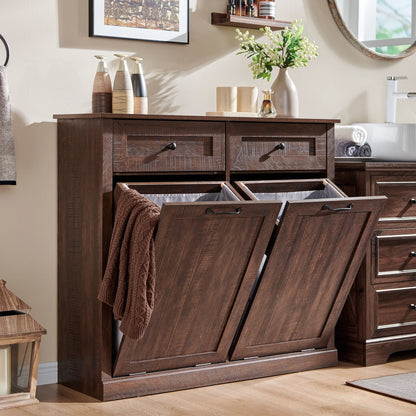 SinCiDo Kitchen Double Tilt Out Trash Can Cabinet, 20 Gallon Farmhouse Wooden Trash Garbage Can with Drawer