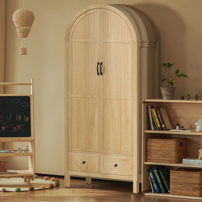 Oubayajia Arched Armoire Wardrobe Closet with Fluted Doors, Wooden Wardrobe Closet with Drawers, Shelves and Hanging Rod for Bedroom
