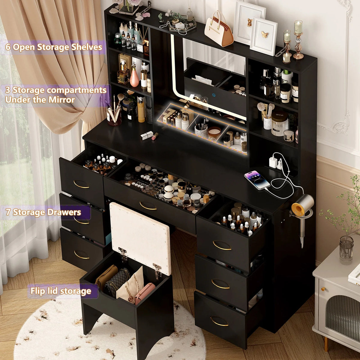 47" Large Vanity Desk with Lighted Mirror & Charging Station, Black Makeup Vanity with 7 Drawers & 6 Shelves, Vanity Set with Cushioned Stool