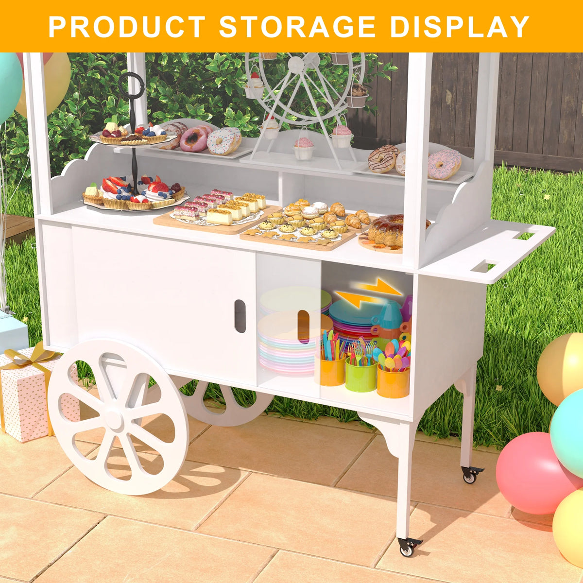 Candy Cart with Wheels for Party，Wood Dessert Cart with Storage Cabinet