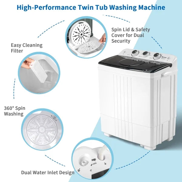 20Lb Twin Tub Washing Machine w/ Built-In Pump - Semi-Automatic 1300RPM Compact Washer for Apartment, Dorm, RV, Camping, White/Black