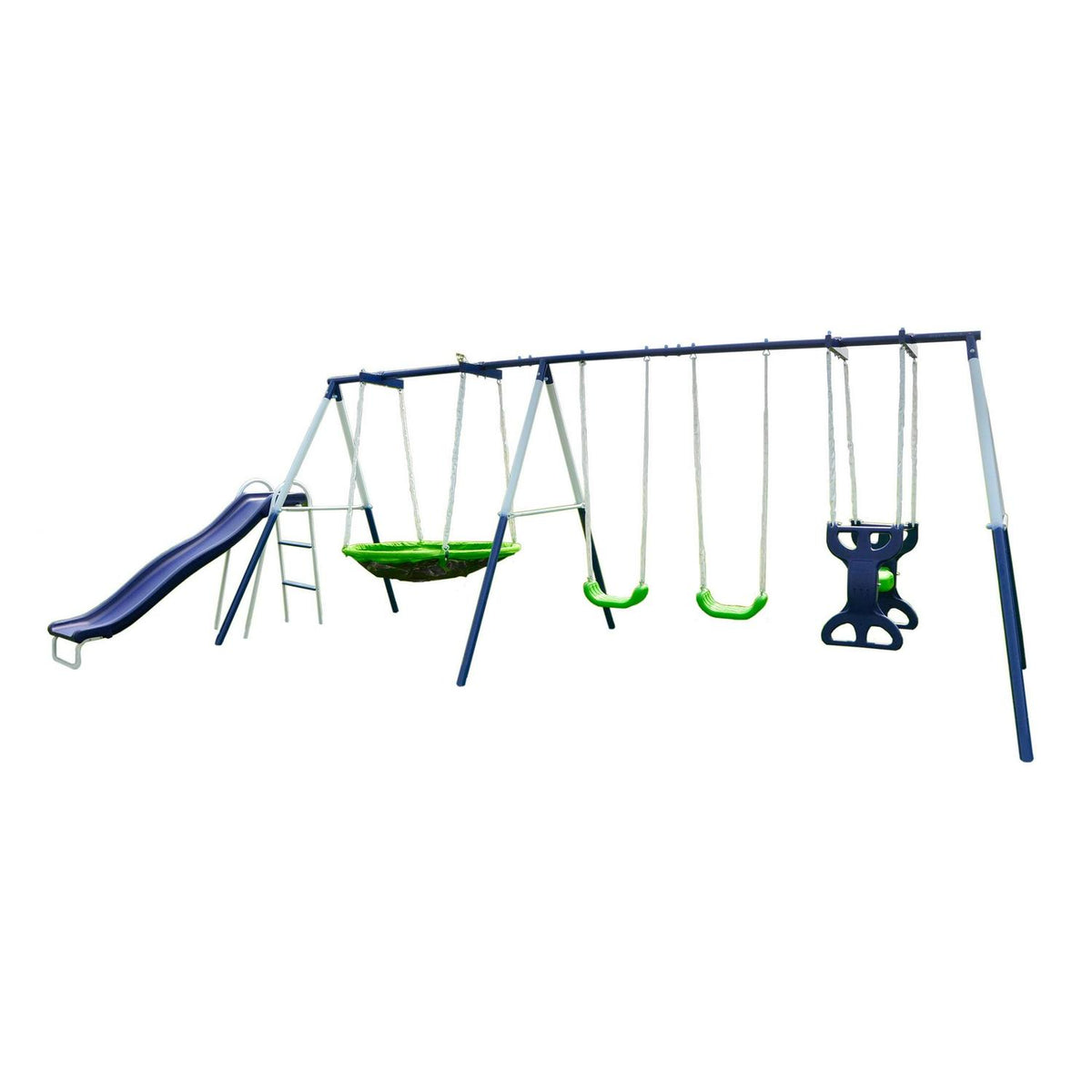 Sportspower Outdoor Rosemead Metal Swing Set with Roman Glider. Saucer. 6.5′ Slide with Lifetime Warranty. and Bonus Anchor Kit. Great for Kids Aged 3-8