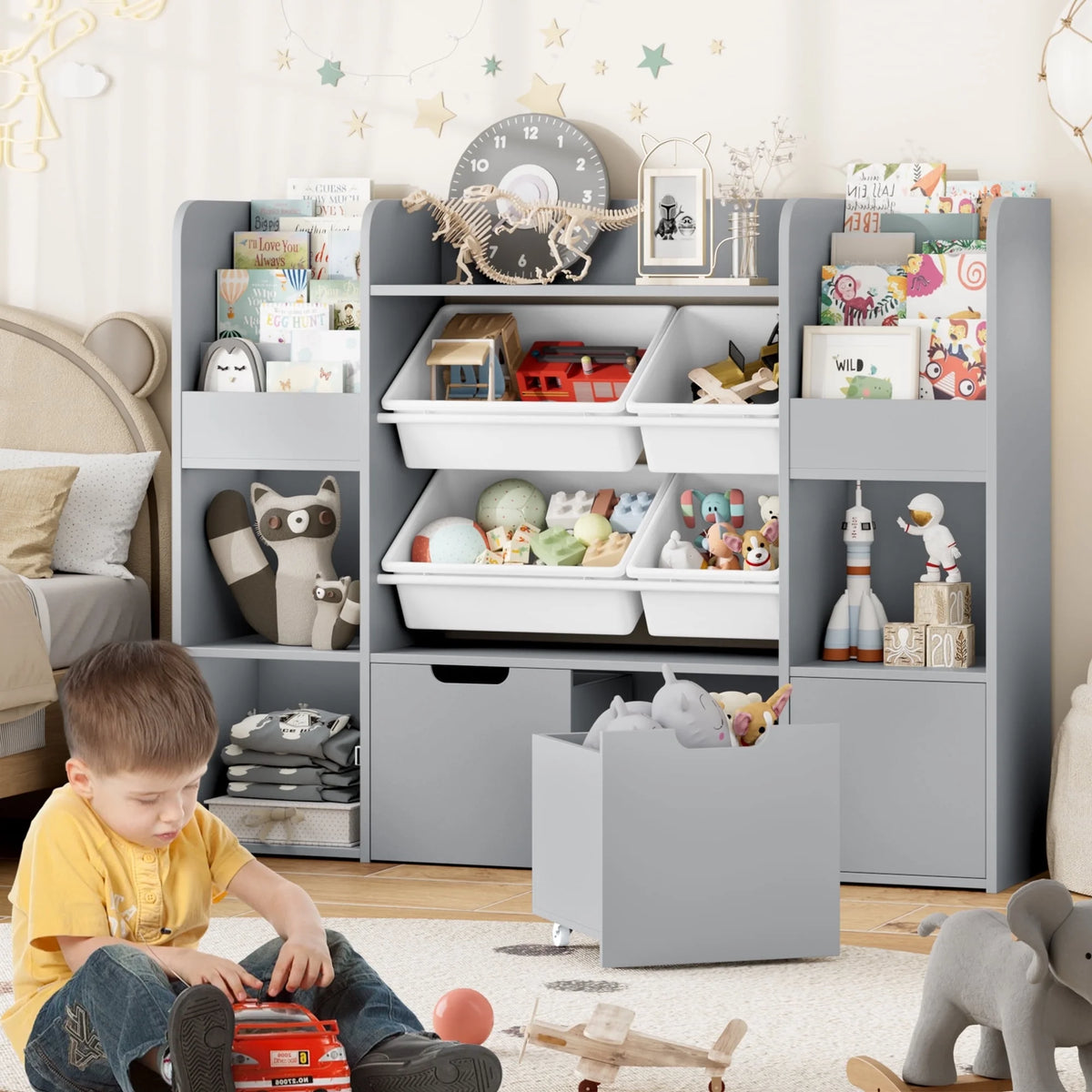 Hiphuta Kids Bookcase Toy Storage Organizer, Wooden Toy Organizer of 4 Bins& 2 Removable Drawers for Home Bedroom, Kids Bookshelf Toy Box with Book Rack, White