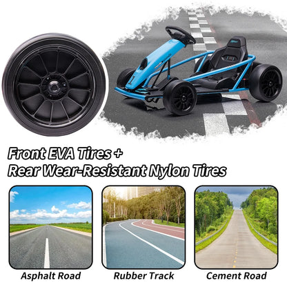Simzone Go Kart for Kids 24V Battery 300WX2 Motors Pedal On Foot Go Cart 8MPH High Speed Drifting Car with Slow Start Function Music Elastic Durable Tires, Blue