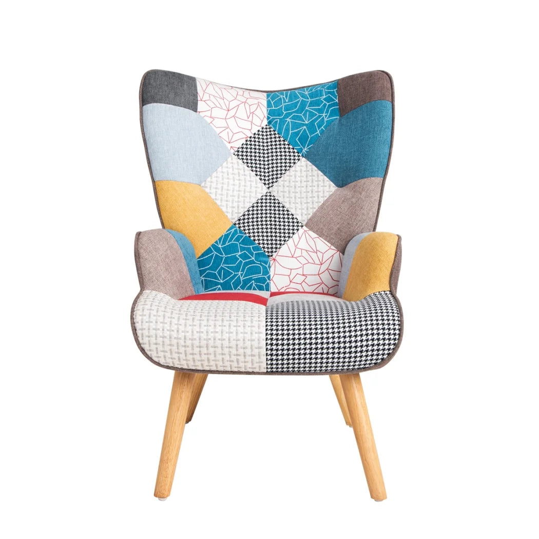 Modern Accent Chair with Solid Wood Legs and High Wing Backrest, Side Chair Set with Ottoman, Comfy Side Armchair for Living Room, Reading Room, Bedroom, Colorful Patchwork