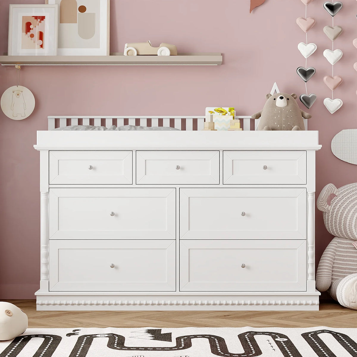 OXYLIFE 45" Baby Nursery Changing Table Dresser with 4 Drawers and Shelf for Nursery Room, White