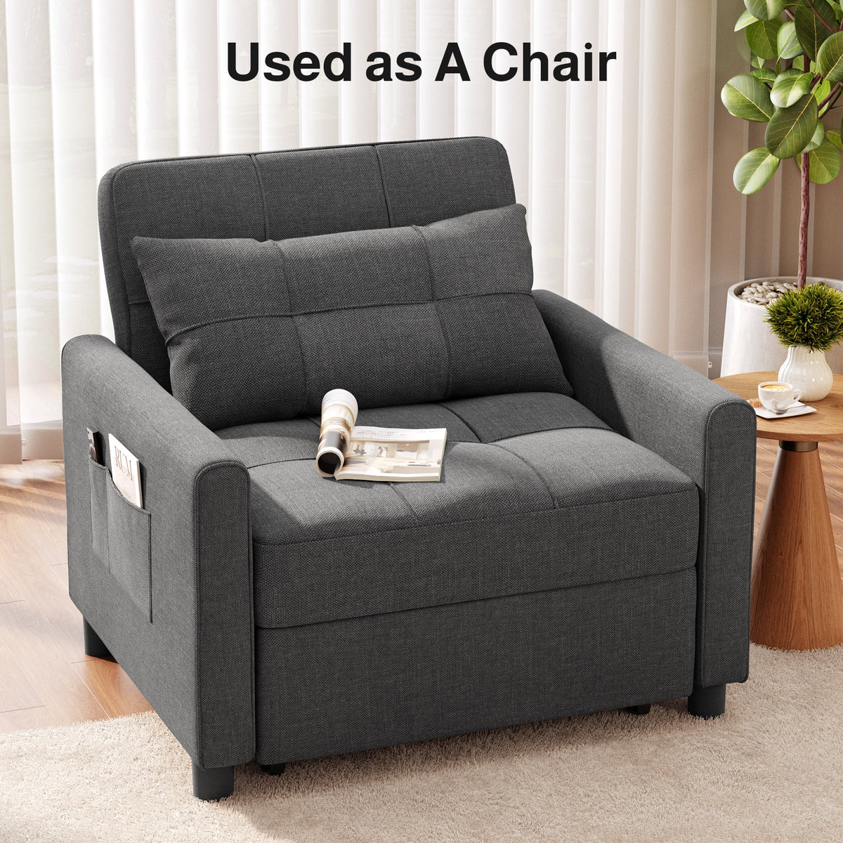 Sofa Bed, Lofka 3-in-1 Convertible Sleeper Sofa with Storage, Adjustable Backrest & Pull Out Function - Sleeper Chair for Small Space, Apartment, Dark Grey