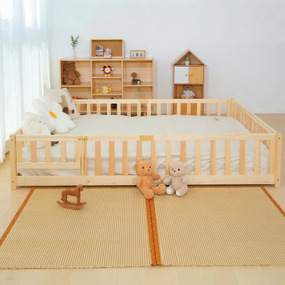 Slsy Twin Size Toddler Floor Bed, Solid Wood Montessori Bed Frame with Fence & Door Montessori Floor Bed Crib with Safety Guardrails for Girls and Boys
