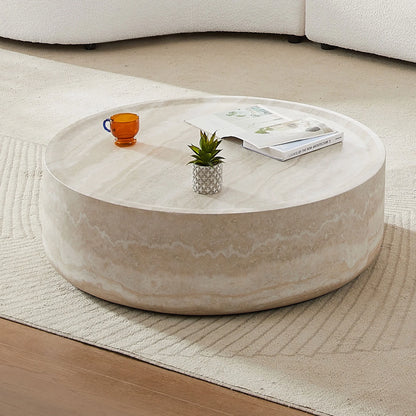 31.49'' Round Coffee Table with Marble Texture, Modern Low Drum Circle Fiberglass Coffee Table, Side Table Accent Table for Living Room, Outdoor, No Need Assembly, Marble