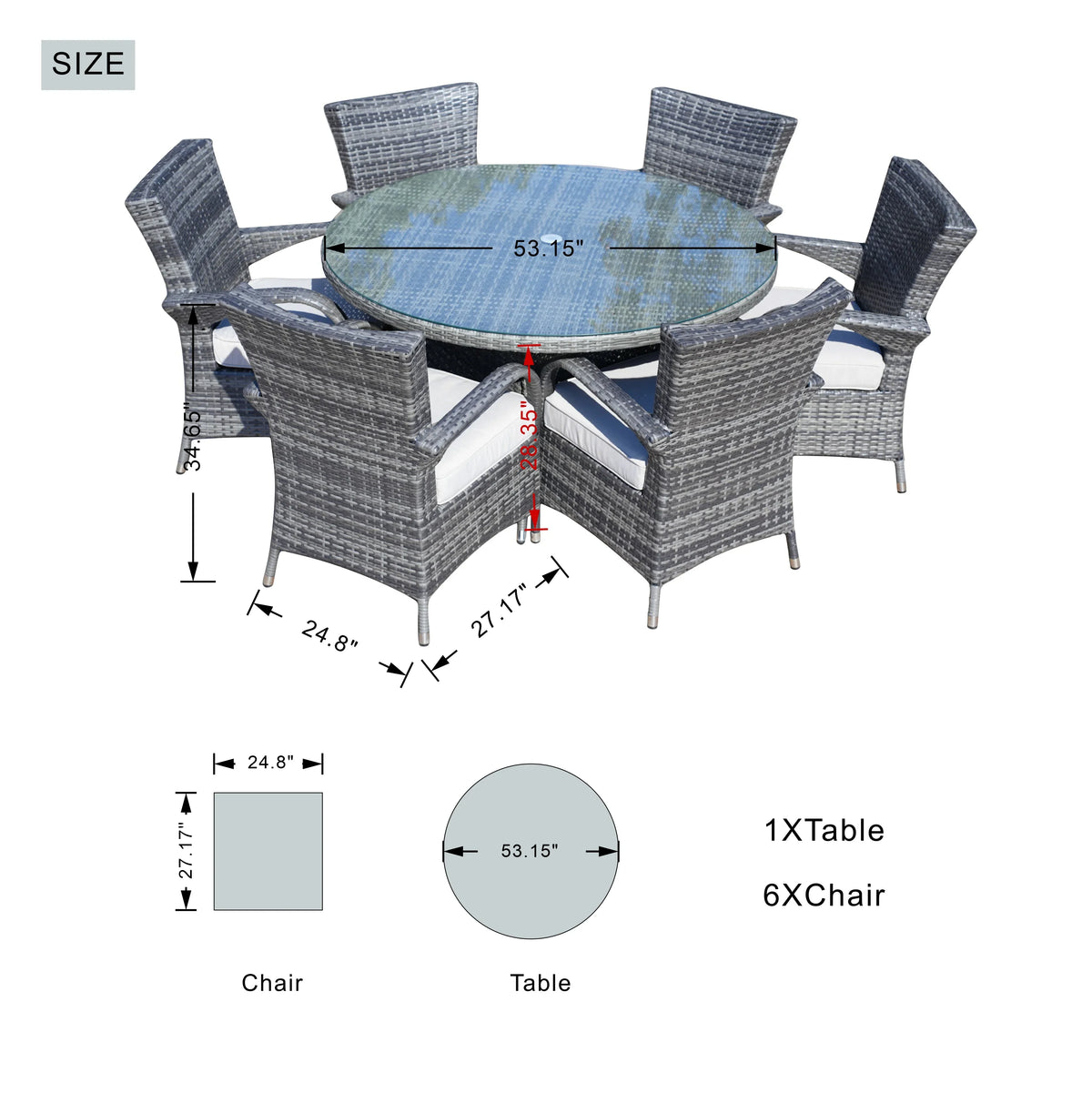 Direct Wicker 7 Piece Patio Dining Set with Rattan Chairs and Cushions, Grey