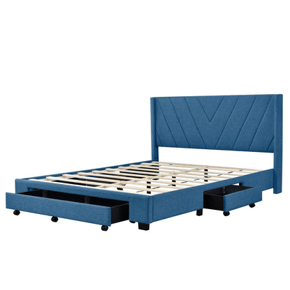 Sesslife Queen Bed Frame with Storage, New Upgraded Linen Upholstered Platform Bed with 3 Drawers, Queen Size Storage Bed with Headboard and Wooden Slats, No Box Spring Needed, Holds 500lbs, Beige