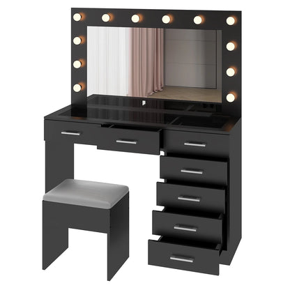 Ktaxon Large Makeup Vanity, Vanity Table Set w/ Visible Glass Top w/ Charging Station, White