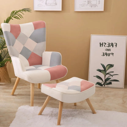 Modern Accent Chair with Solid Wood Legs and High Wing Backrest, Side Chair Set with Ottoman, Comfy Side Armchair for Living Room, Reading Room, Bedroom, Colorful Patchwork
