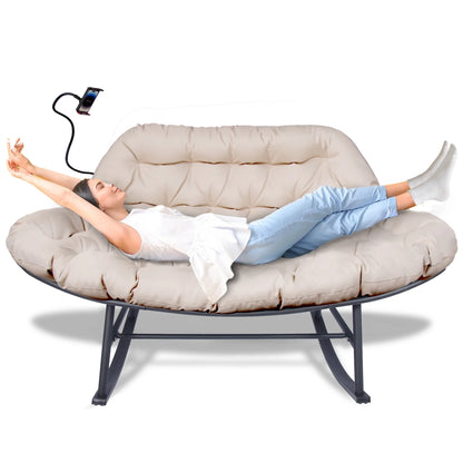 Outdoor Loveseat Rocking Chair with Thicken Cushion and Phone Holder for 2 Person for Garden Patio Yard (Beige)