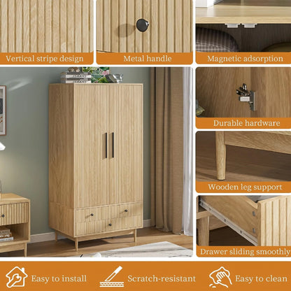 Armoire Wardrobe Closet with 2 Doors, Wardrobe Cabinet with Hanging Rod and Drawers, Wooden Closet for Bedroom, White