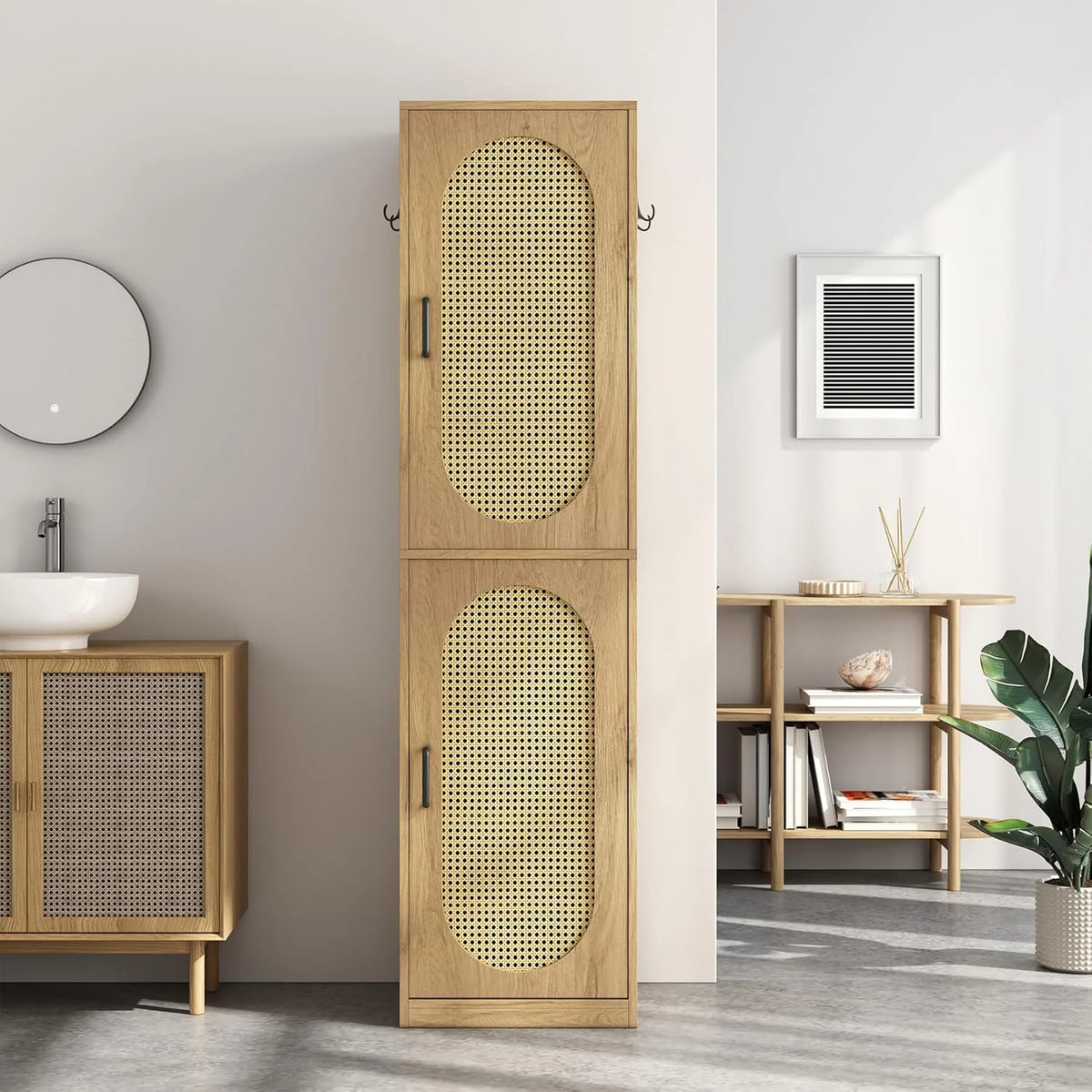 66-Inch Bathroom Storage Cabinet with Rattan Doors,  Bath Room Organizer Floor Cabinets Brown