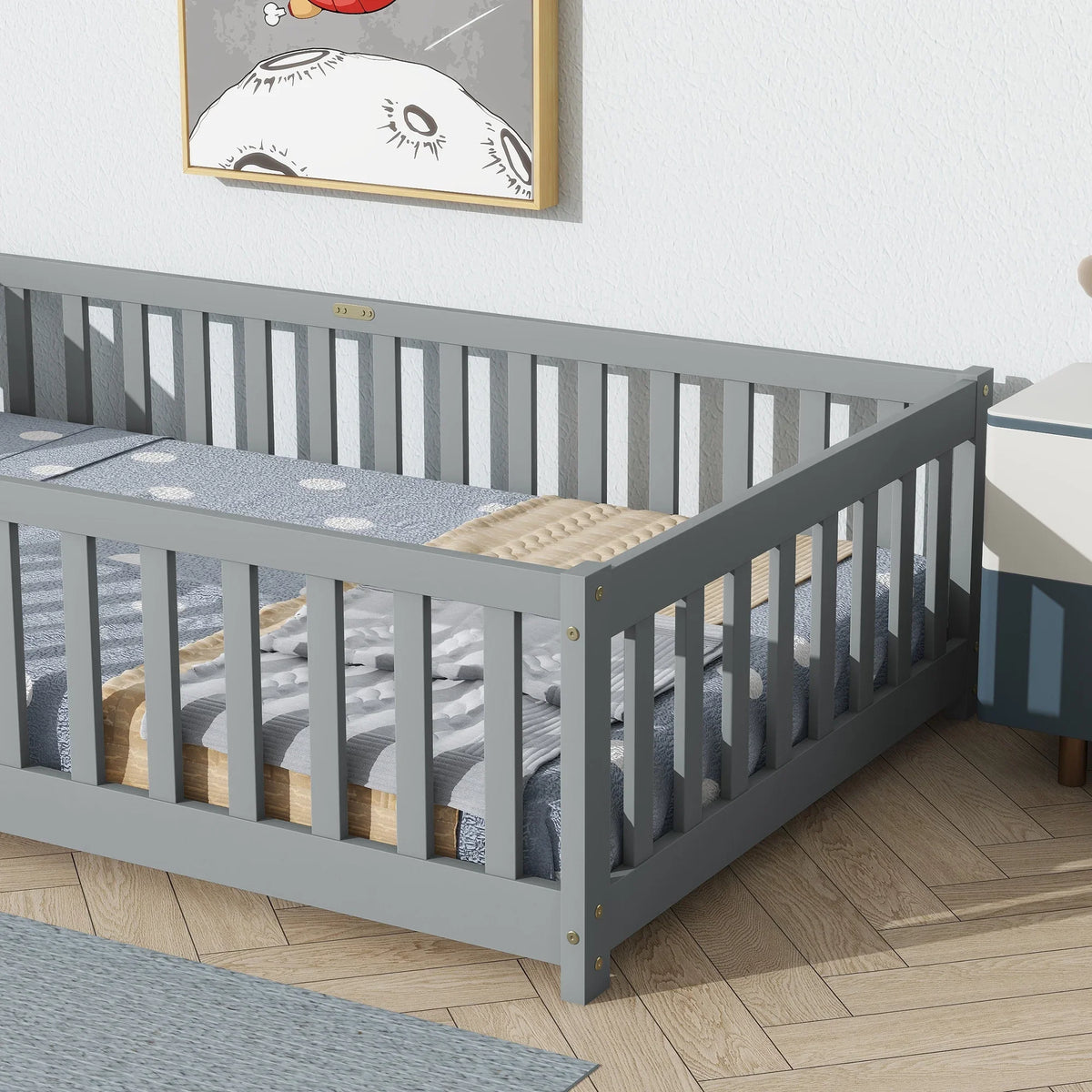 Miniyam Wooden Twin Size Floor Bed with Safety Fence for Kids, Natural