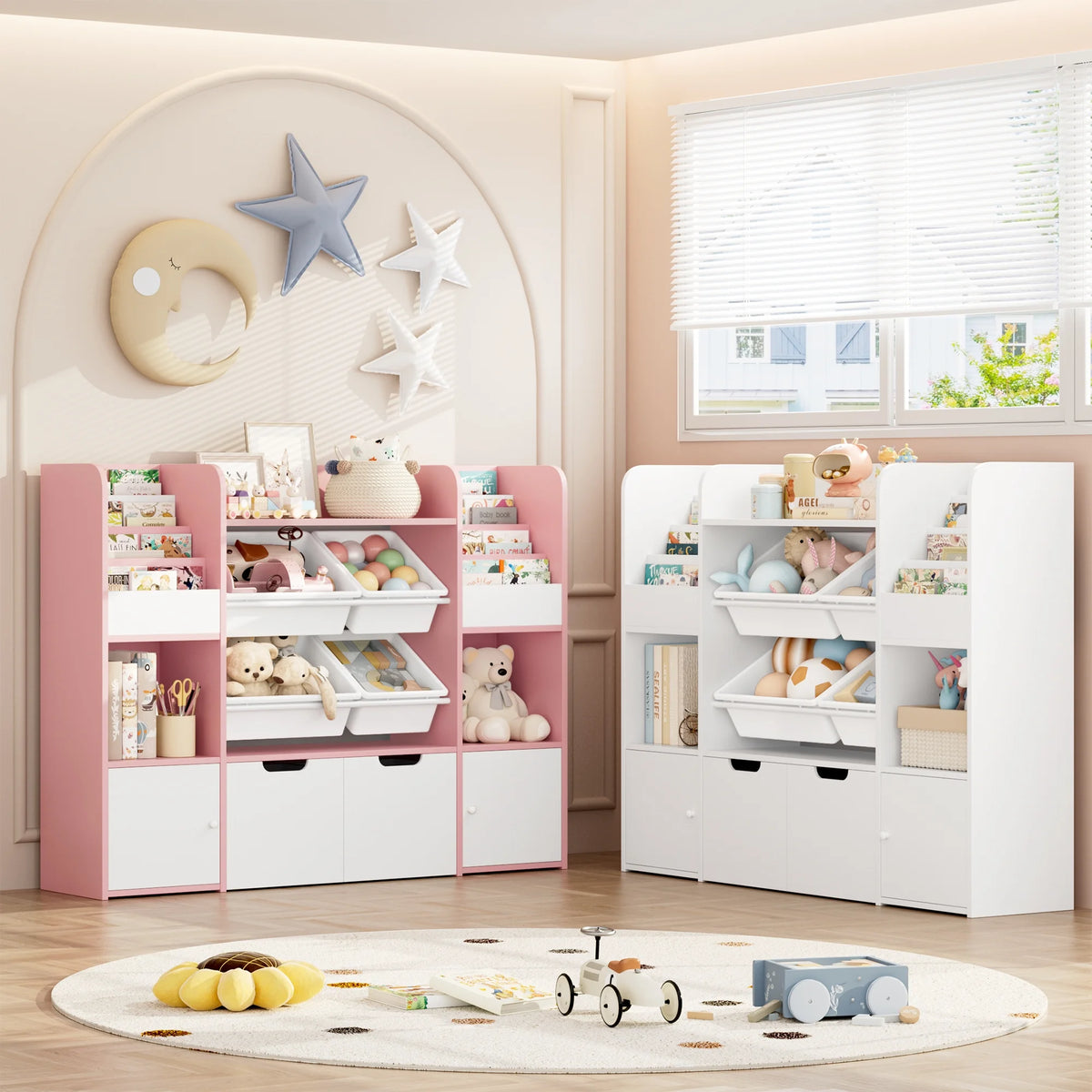 Hiphuta Kids Bookcase Toy Storage Organizer, Wooden Toy Organizer of 4 Bins& 2 Removable Drawers for Home Bedroom, Kids Bookshelf Toy Box with Book Rack, White