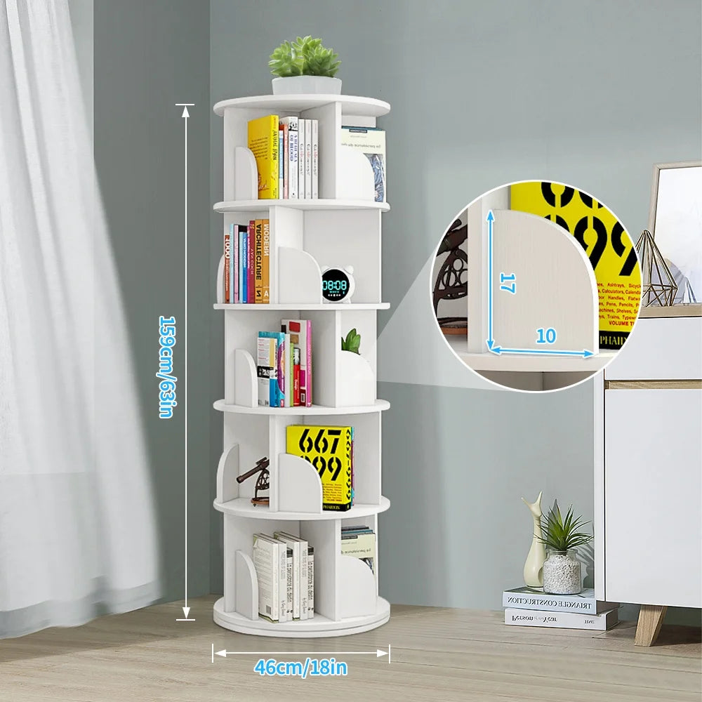 Bimiti 5 Tier Rotating Bookshelf, 360?�� Revolving Bookcase 20 Shelves Floor-Standing Storage Display Rack - White 63"x18"x18", Adult